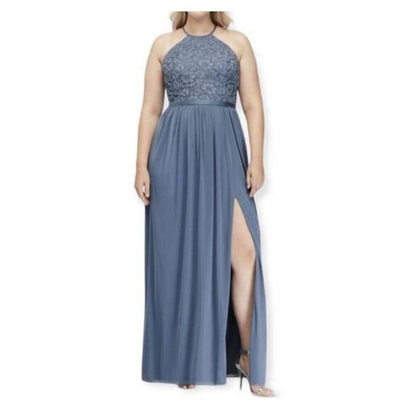 DAVID'S BRIDAL BLUE OPEN-BACK LACE AND MESH BRIDESMAID DRESS SZ.14 EUC - Picture 1 of 7